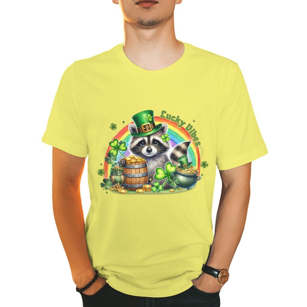 St Patricks Day Raccoon Shirt Lucky Vibes Short Sleeve Round Neck Tee Cartoon Lucky Raccoon St Patricks Day Unisex TShirt