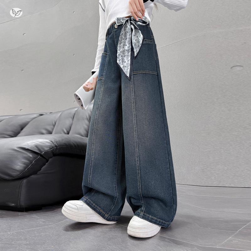 Girls' High-Waisted Wide-Leg Jeans - Deep Blue Multi-Pocket Slimming Pants for Older Children