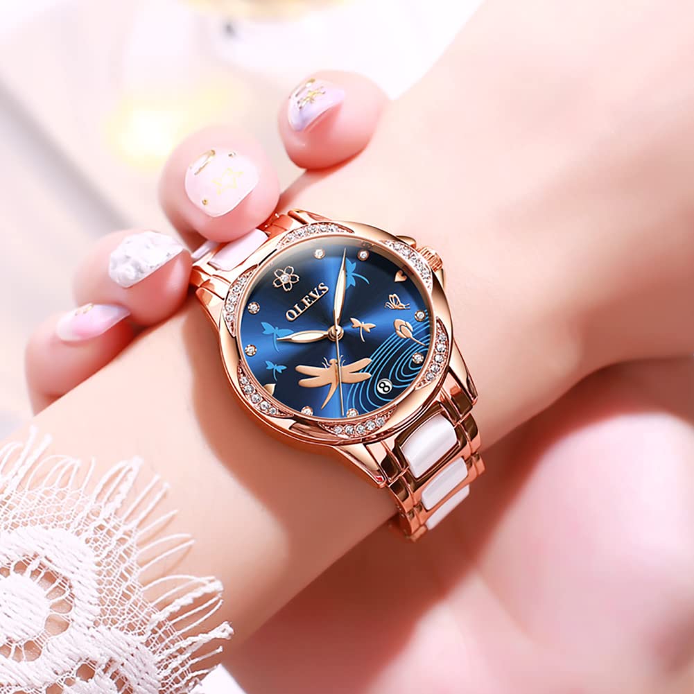 OLEVS Japanese Ceramic Diamond Easy To 30M Water Gift for Watch for Gold Blue Women's Watch, Automatic, Mechanical, Quartz, Belt, Dial, Luminous,
