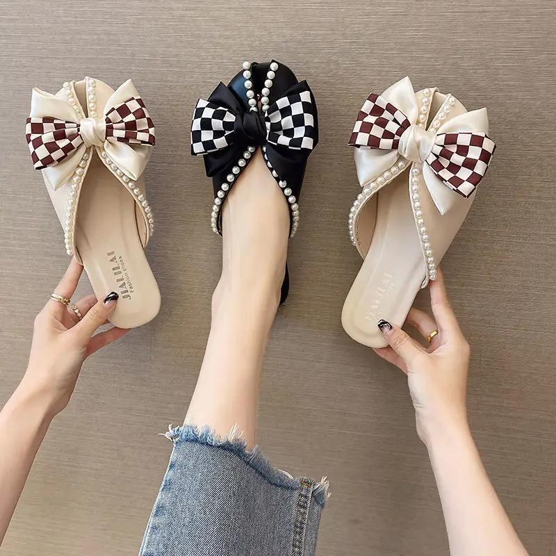 Fashion Closed Toe Half Slippers for Women Summer Wear New Bow Pearl Flat Soft Bottom Peep-Toe Slippers Shoes for Women Zapatos De Mujer