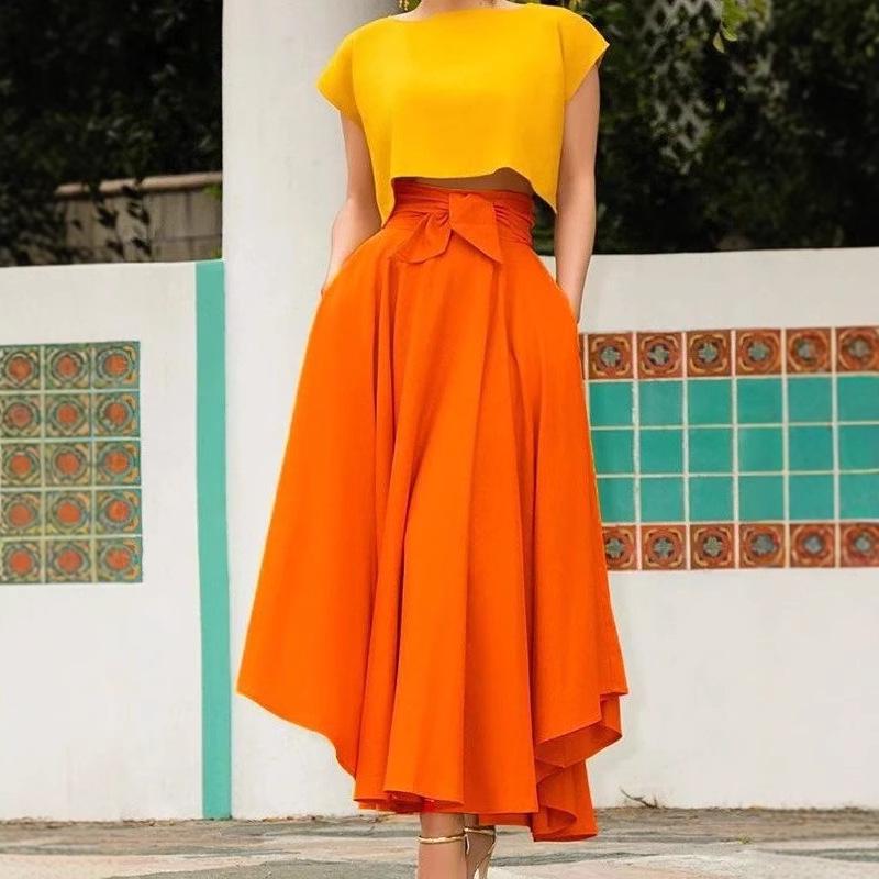 Solid Color Belted Midi Skirt - European and American Style Women's Fashion