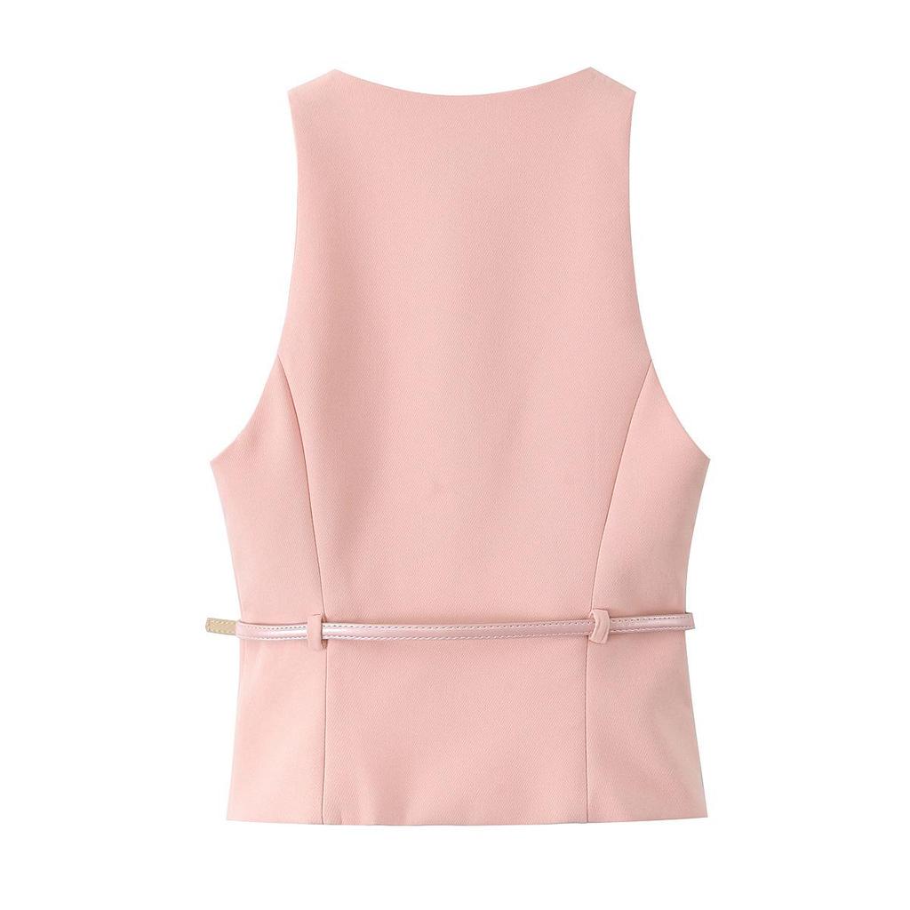 Summer Women's V-Neck Vest and Square Neck Dress Shorts with Belt Set - European & American Style