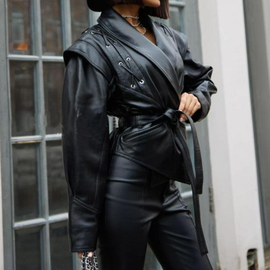 2024 Retro Lace-up Faux Leather Jacket with Lapel Shawl - Women's Casual Winter Fashion