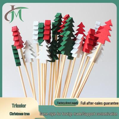 Three-Color Christmas Tree Fruit Picks: 100-Piece Pack - Green Fir Tree Shape Bead String Disposable Bamboo Skewers.