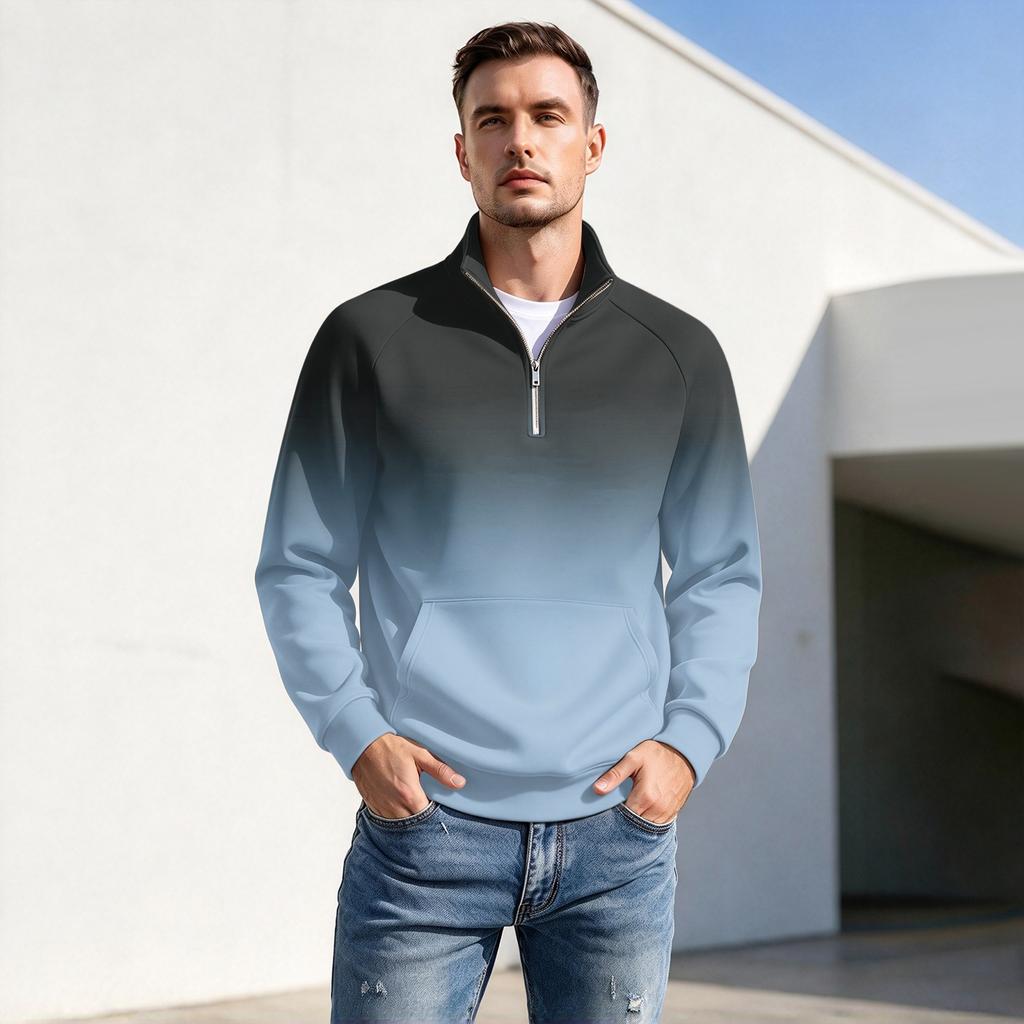 Herren Herbst Winter Zweifarbig Gradient Print Reißverschluss Pullover Stehkragen Lässig Knitterig Sportlich Oberteil
