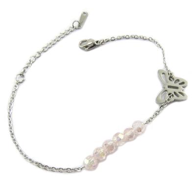 [P4884] - Silver Pink 'Butterfly' Steel Bracelet - 13x10 Mm