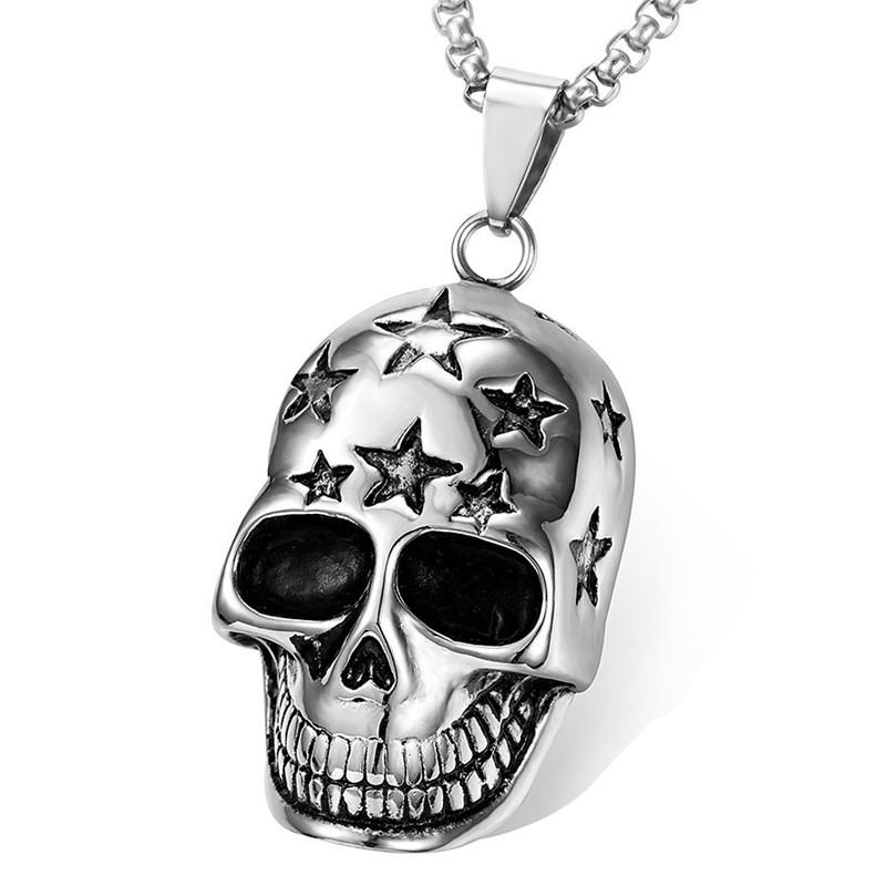 Wu's 2022 Retro Hip Hop Punk Stainless Steel Skull Necklace Men's Rock Personality Long Pendant Necklace Boho Halloween Ornament