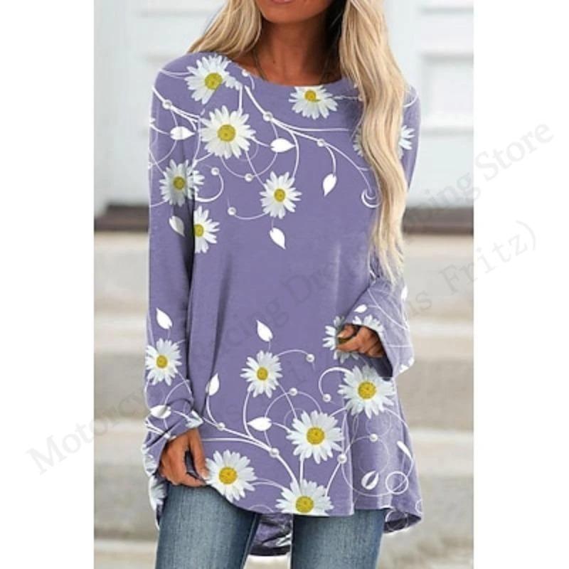 Spring and Autumn Round Neck Small Daisy Flower Pattern 3D Printed Top Fashionable Casual Long Sleeved Women's T-shirts