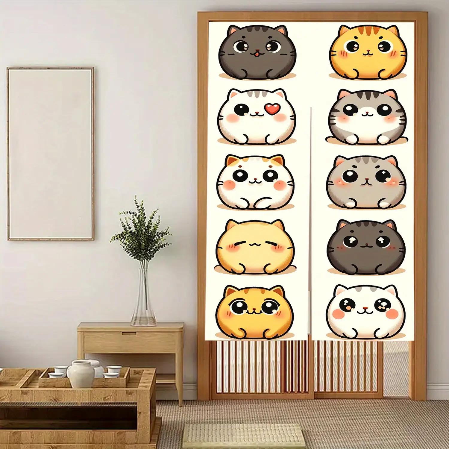 

2D Door Curtain, 1pc Cartoon Cat Door Curtain - 33.86x56.3inch, 9 Adorable Cat Expressions, Decorative Linen Fabric, Perfect for 65x100cm26x39in