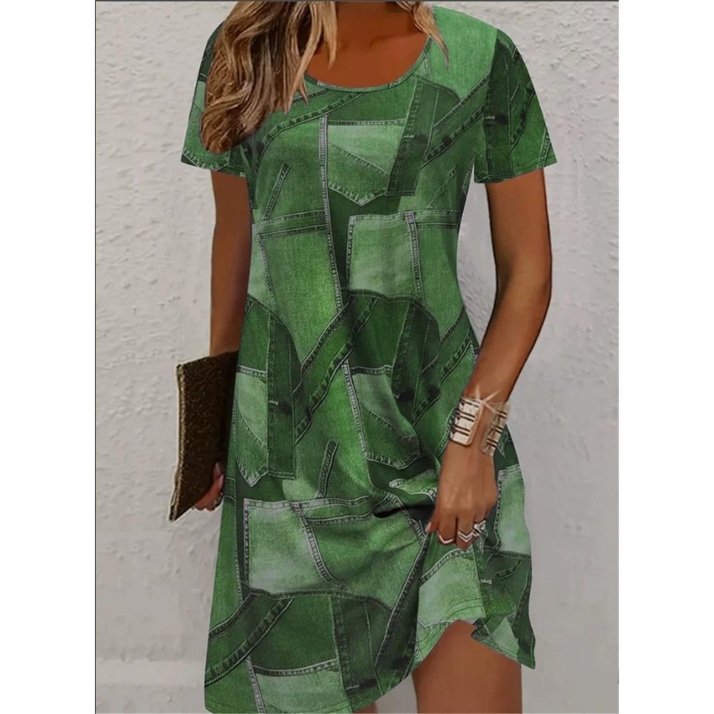 Patchwork Cowboy Pattern Women Mini Dresses Summer Short Sleeve 3D Printed Streetwear Ladies Dress Casual Dress