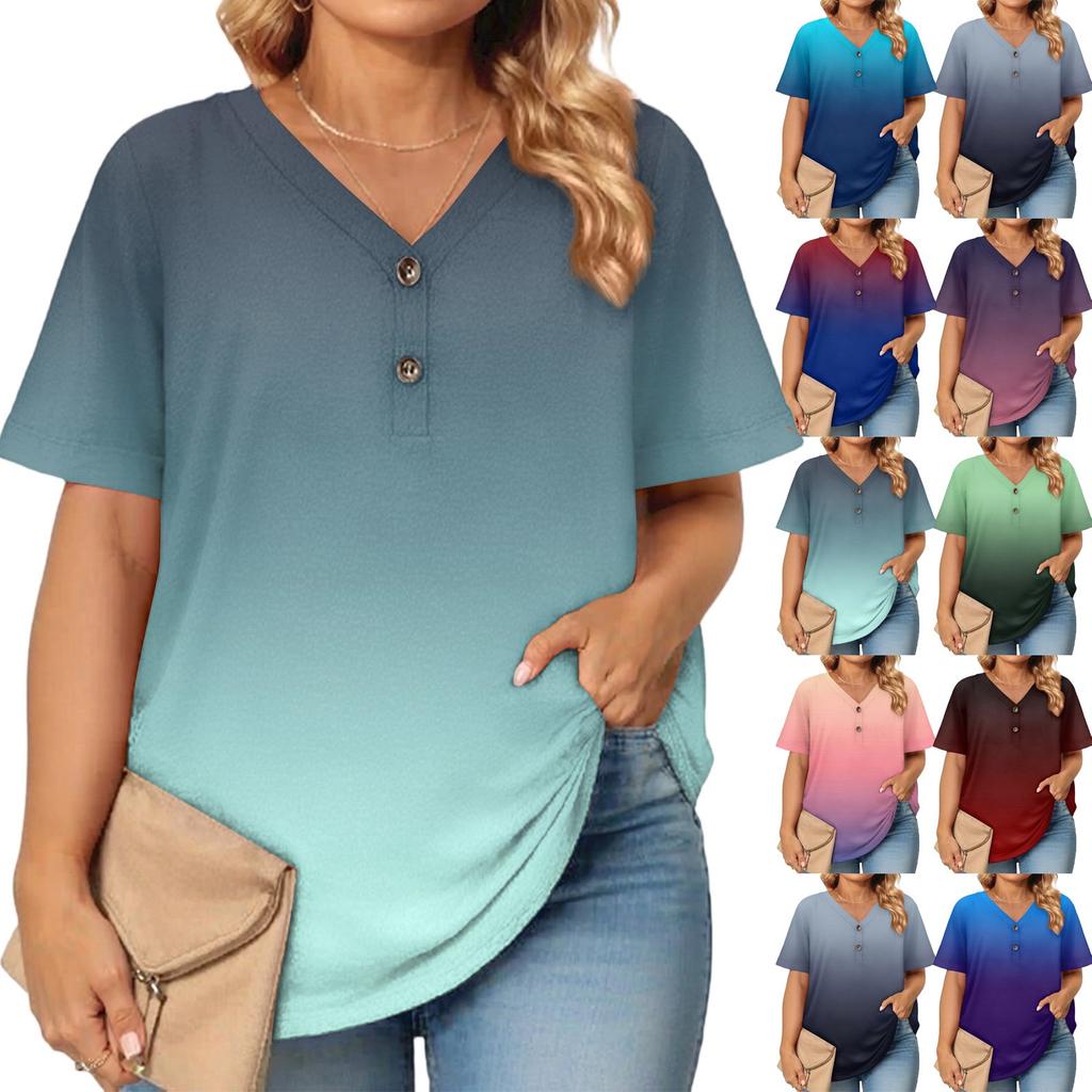 Women's Fashion Casual Printed V-Neck Short Sleeve Large Size T-Shirt Top