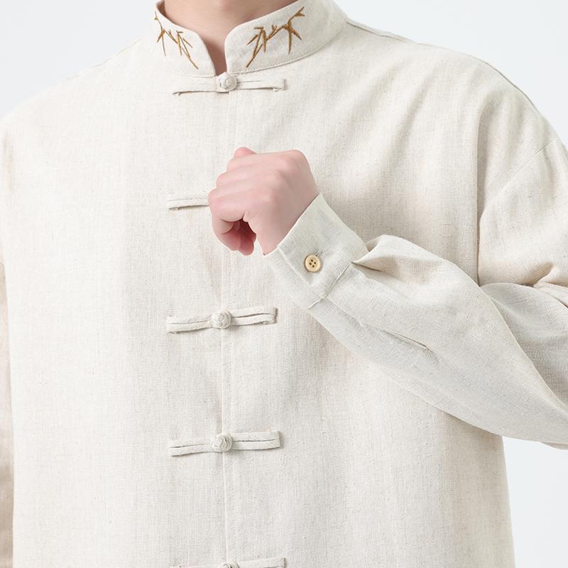 2025 Autumn Men Chinese Style Bamboo Embroidery Shirt Men Long Sleeve Loose Lazy White Shirts Men Cotton Linen Hanfu Tops