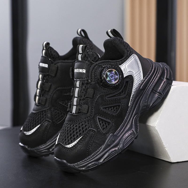Children's mesh sneakers 2025 autumn new boys rotating button dad shoes solid color basketball shoes classmates