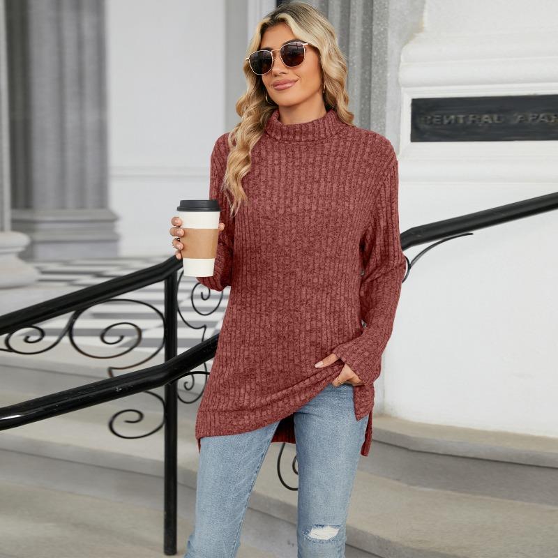 Women S High Neck Loose Long Sleeve Split T Shirt Top