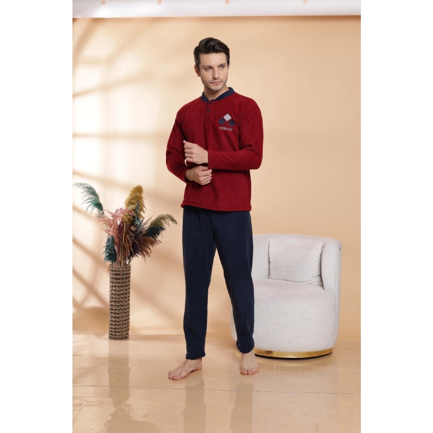 

Мужской зимний бордовый флисовый пижамный комплект с длинным рукавом и воротником на пуговицах, красный, темно-синий