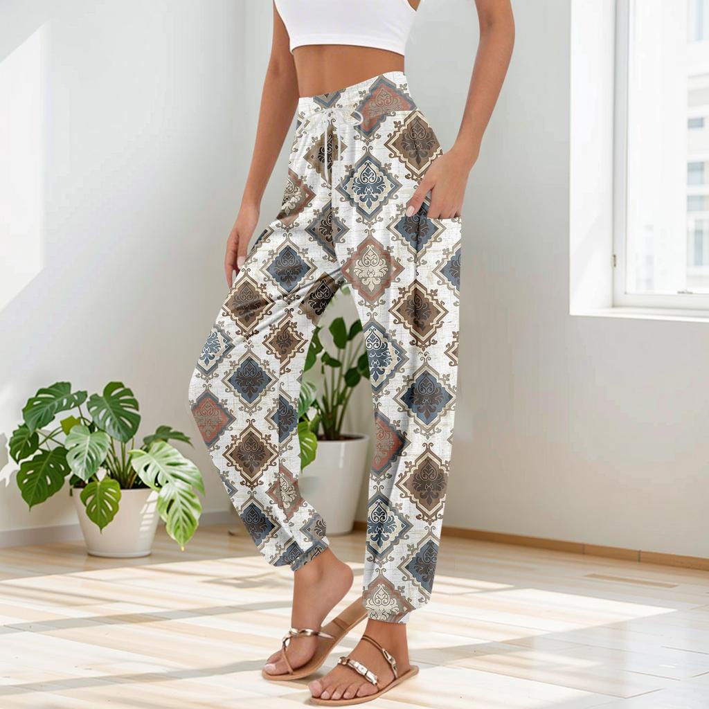 Women's Pocket Drawstring Trousers High Waist Yoga Bohemian Printed Casual Pants