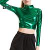 Women Club Top Half High Collar Glossy Surface Skinny Waist Exposed Solid Color Pullover Soft Breathable Lady Pole Dance Performance Party Crop Top