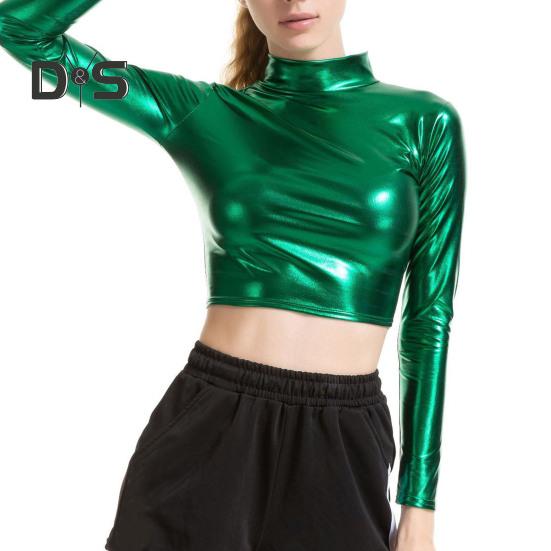 Women Club Top Half High Collar Glossy Surface Skinny Waist Exposed Solid Color Pullover Soft Breathable Lady Pole Dance Performance Party Crop Top