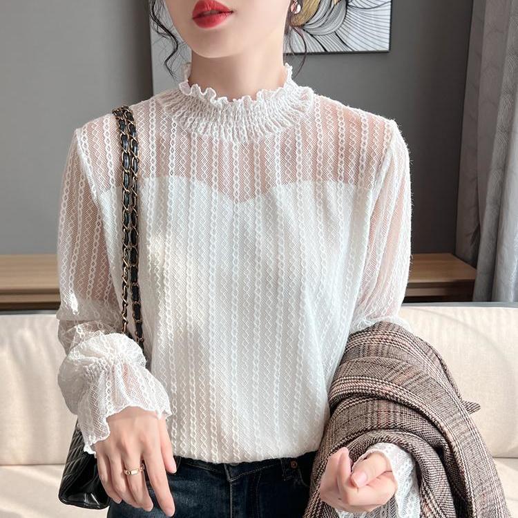 Fleece Lined Brushed Lace Shirt Base Layer Autumn Winter Striped Flocking Versatile Top Sweater Inner Mesh