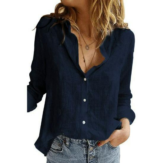 2023 European & American Women's Casual Loose Long Sleeve Cotton Linen Shirt - Solid Color