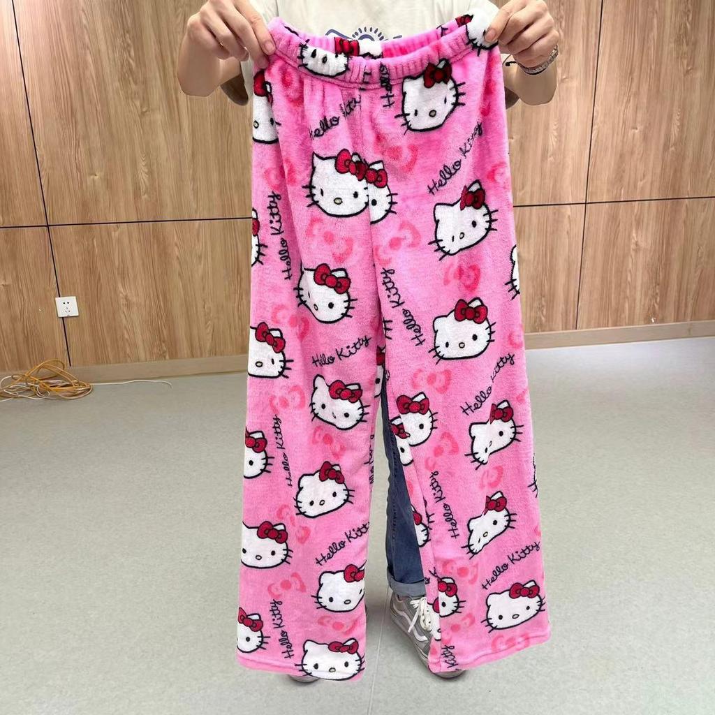 Women's Cartoon Cat Fleece Pajama Pants - Cozy Flannel for Autumn/Winter