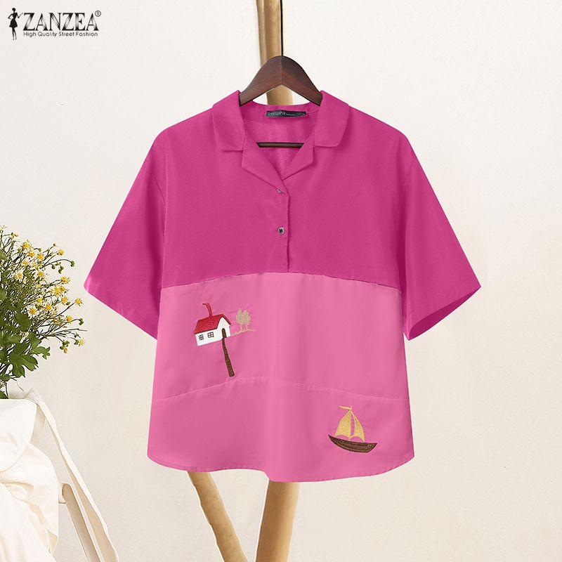 ZANZEA Women Casual Turn Down Collar Summer Short Sleeve Patchwork Blouse