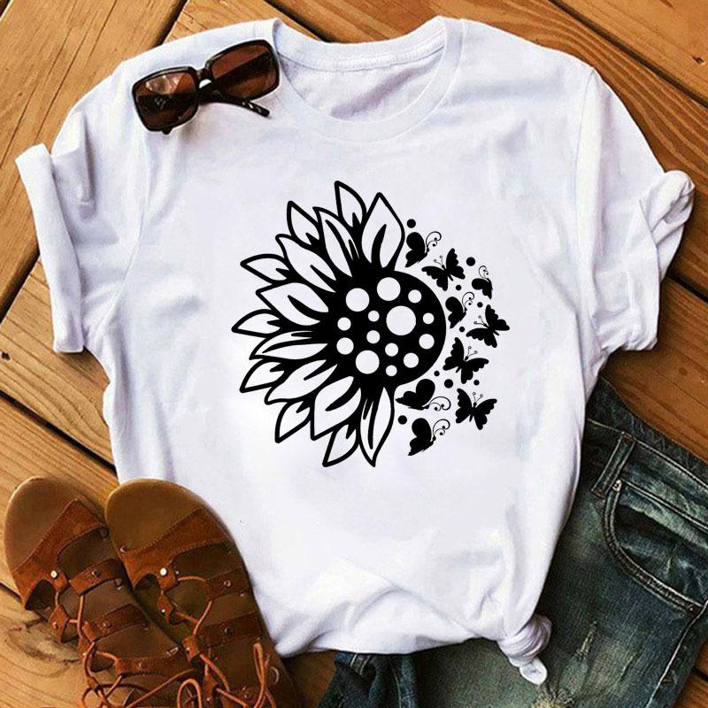 Fashionable Plus Size Color Butterfly Print Simple Base Shirt Loose Fitting Clothes Pure Cotton T-Shirts Women’s