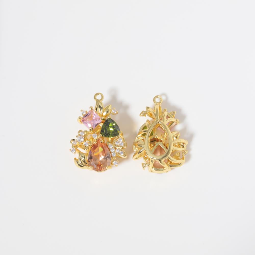 Multicolor Zirconia Floral Leaf Copper Charms, Golden Plated DIY Pendants for Earring Necklace Craft Making
