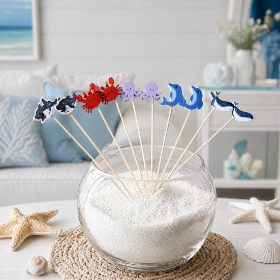 100PCS Disposable Fruit Tags, Crabs Octopuses Dolphins Decor Bamboo Skewers, with Sharp Tip Cocktail Sticks, for Pool Parties Restaurants Banquets