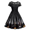 Charming Women Short Sleeve Halloween Retro Lace Vintage Dress Featuring A-line Pumpkin Design