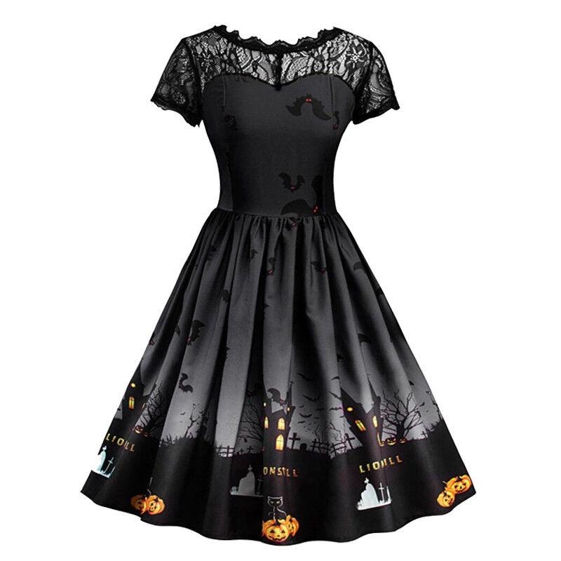 Charming Women Short Sleeve Halloween Retro Lace Vintage Dress Featuring A-line Pumpkin Design