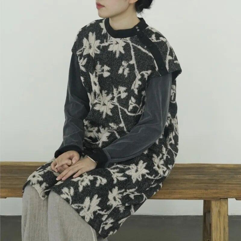 Johnature Women Vintage Jacquard Floral Dresses O-Neck Sleeveless Cotton Knitted Soft Robes Spring Chinese Style Dress