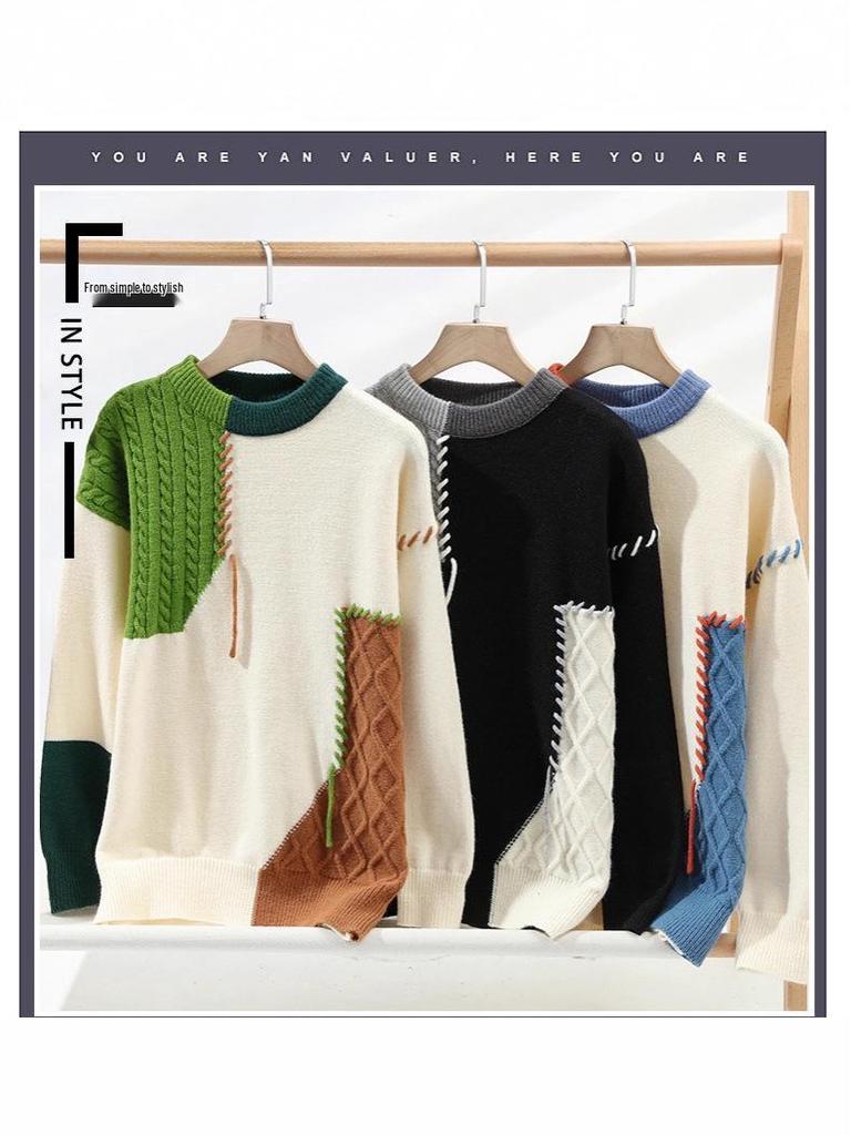 Men's Autumn/Winter Color Block Crew Neck Sweater - Trendy, Warm, Loose Knitwear, Casual Base Layer