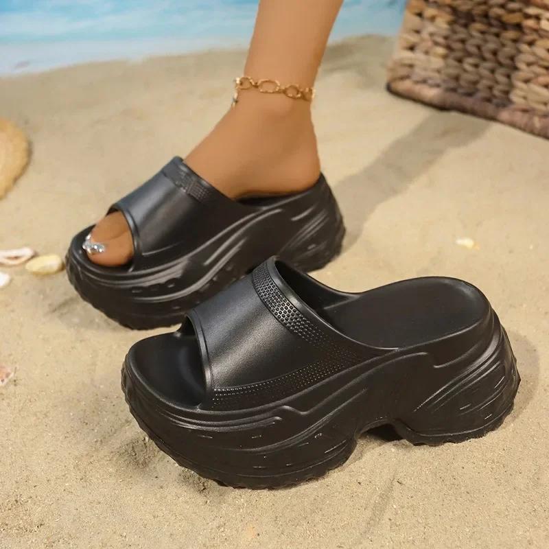 

Мода 2025 Лето Женские Однотонные Пляжные Шлепанцы на Платформе с Круглым Носком Легкие Повседневные Сандалии для Улицы Повседневные Шлепанцы Женские Zapatos Mujer 35 чёрный