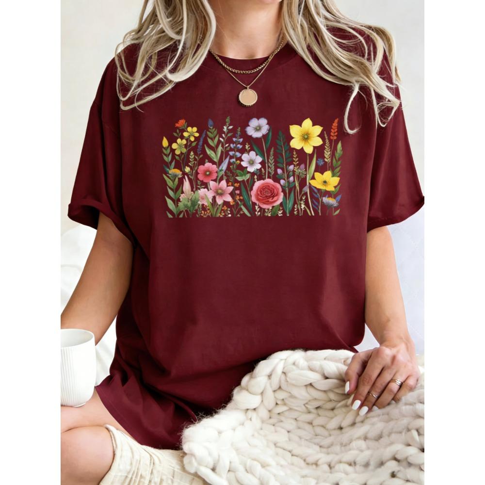 Rich Colors Simple Flowers Pattern Womens T Shirts Loose Cotton T-Shirt Summer O-Neck Short Sleeve Breathable Casual