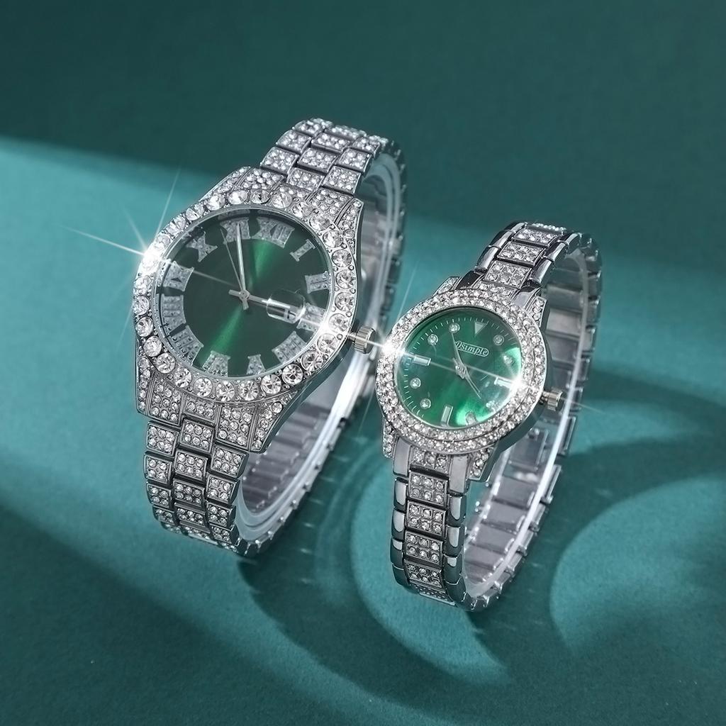 2 Pcs/Set Couple's Watch Set Luxury Rhinestone Set Quartz Watch Analog Elegant Green Dial Watch Ideal for Men and Women