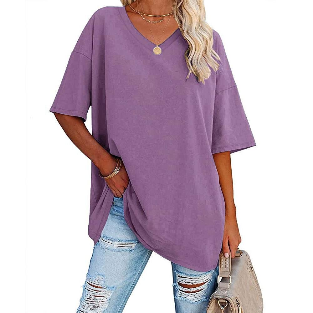 European and American Women's Summer V-Neck Loose Cotton Top – Solid Color, Short-Sleeve