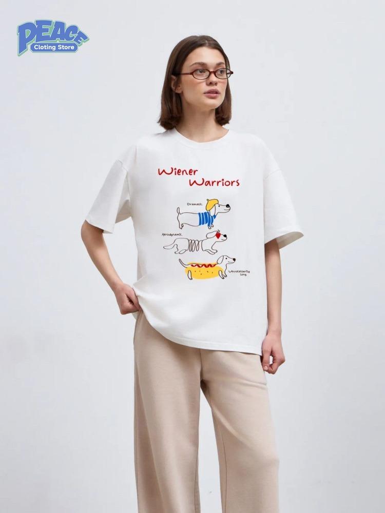 Lovely Sausage Dog Print 100% Cotton Graphic T-shirt Women's Clothing Summer Fashion Simple Lovely Casual Comfy Sleeve Top Y2K