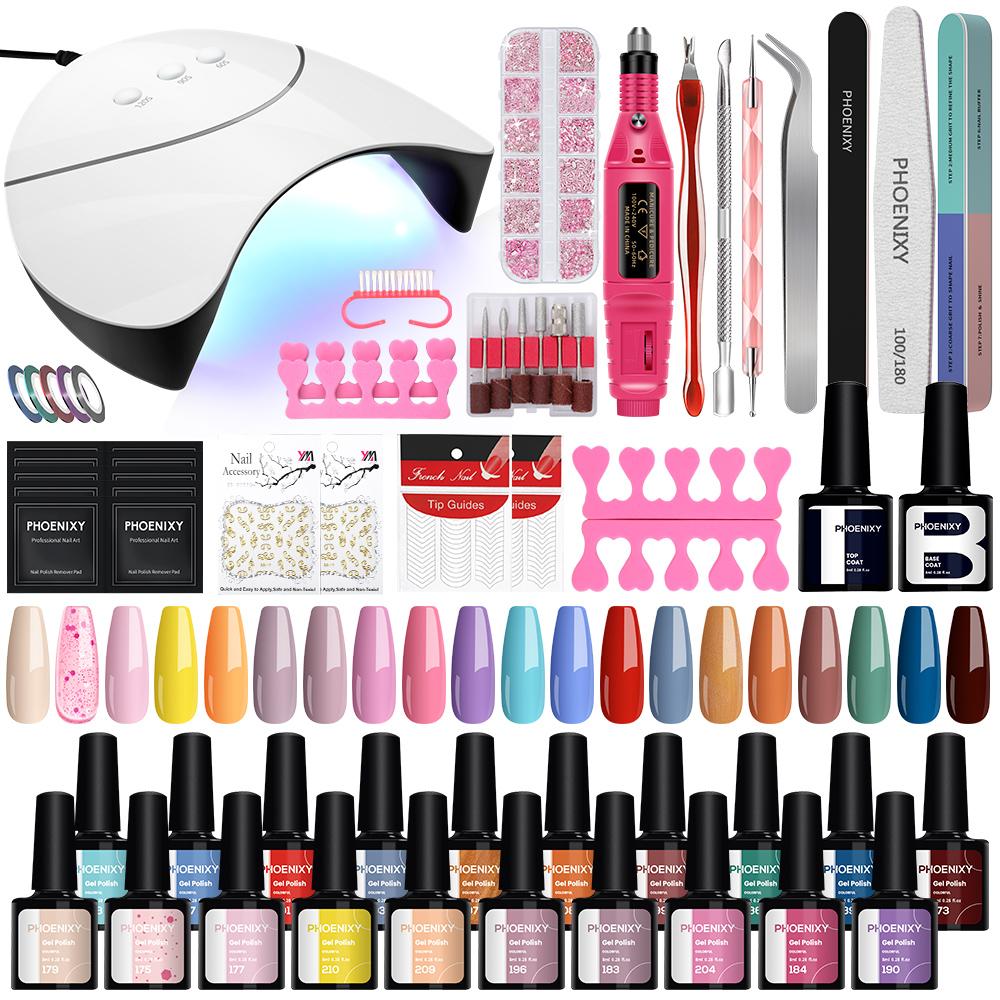 PHOENIXY 8ml Gel Nail Polish Gel Varnish Kit with 36W Nail Lamp Nail Drill Machine Manicure Set Soak-off Base Top Coat Gel Nail Starter Kit