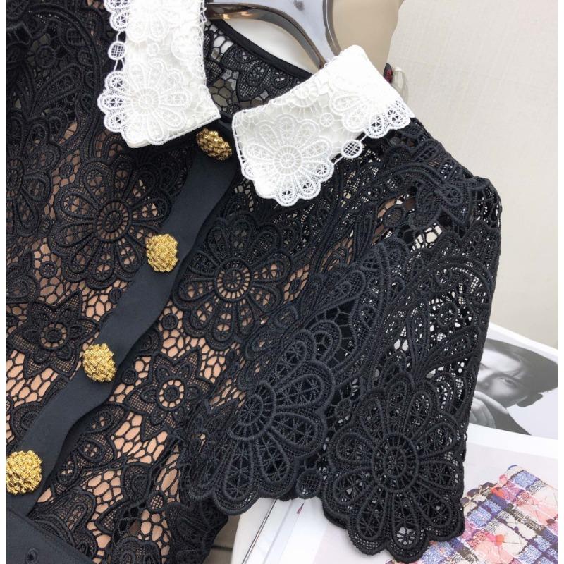 Summer Women Lace Hollow Out Peter Pan Collar Single-breasted Party Dresses Short Sleeve Female Robes with Belts
