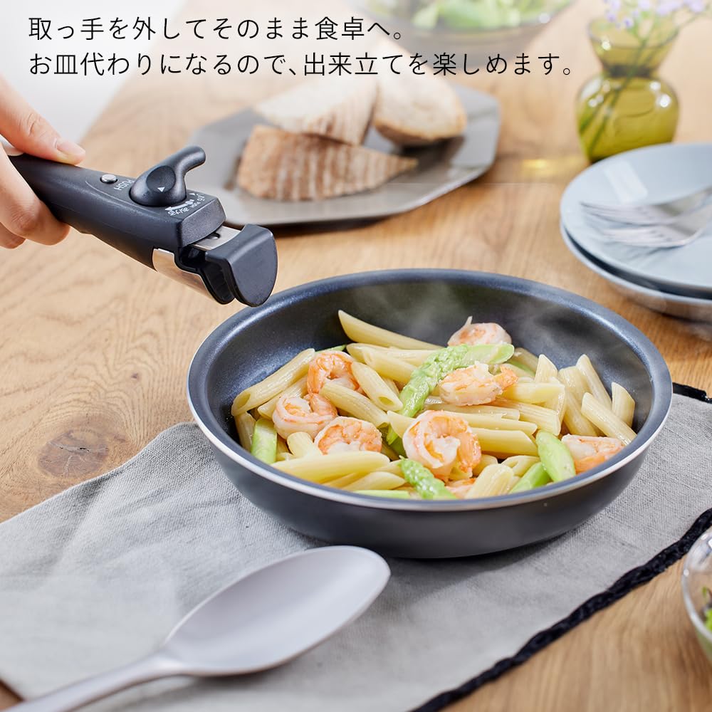 Iris Ohyama Frying Pan and Pot Set, IH & Gas Stove Compatible, 5-Piece Set for Single Living, Diamond Coated, Silver, Detachable Handle, Lightweight,