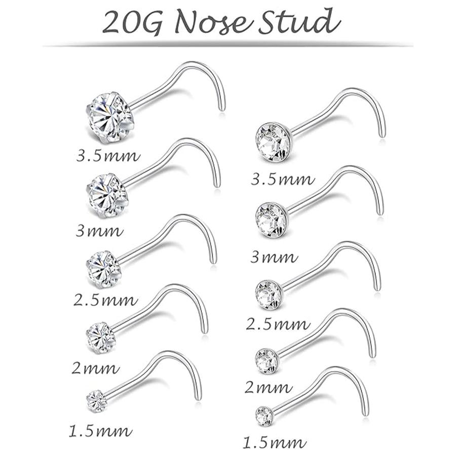 10Pcs Stainless Steel Screw Shaped Nose Studs Rings Square Round CZ Nose Ring Labret Nose Piercing Jewelry Silver Tone