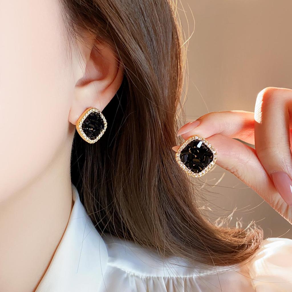 Geometric Black Zirconia Square Stud Earrings for Women - Elegant & Luxurious Ear Jewelry, New 2025 Style