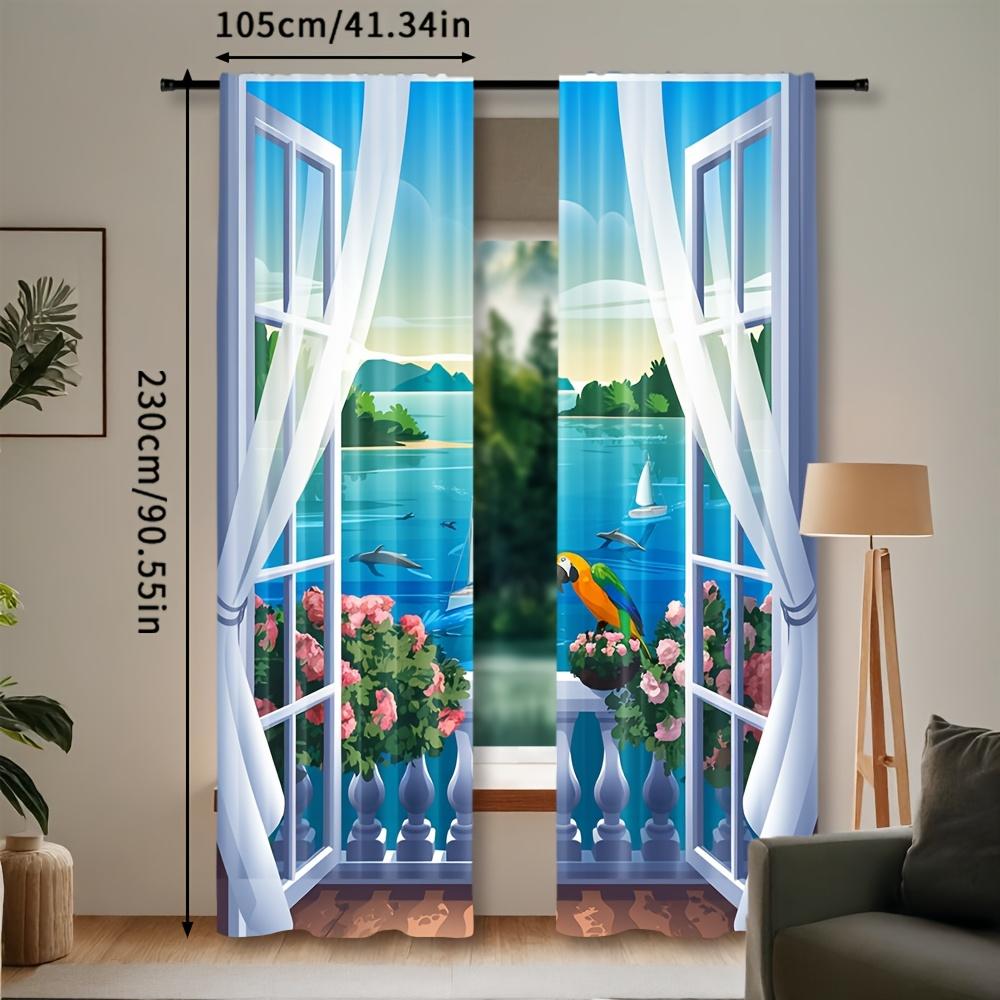 Set Of 2 Coastal Seaside Print Curtains Semi Living Room Bedroom Bathroom Decor Curtain Sheer With Rod Pocket Polyester Ideal For