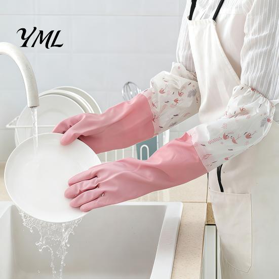 Dishwashing Gloves for Sensitive Hands Long Sleeves Gloves, Thick Fleece Lining Non-Slip Silicone Cleaning Warm Household Reusable Waterproof Kitchen