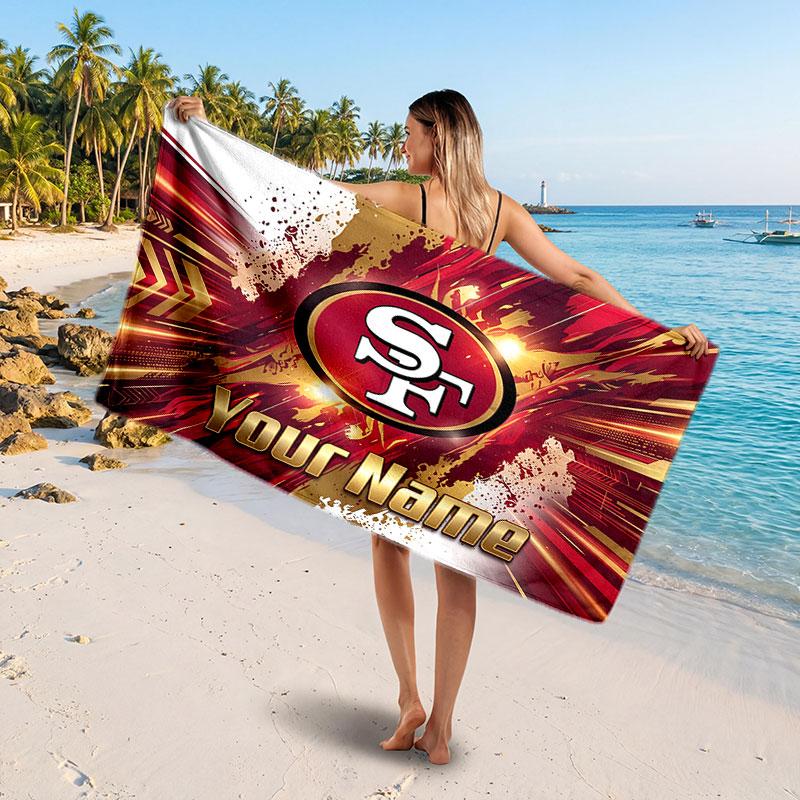 San Francisco 49ers Customized Name Text Beach Towel, Soft Absorbent Towel Beach Pool Travel Personal Gift