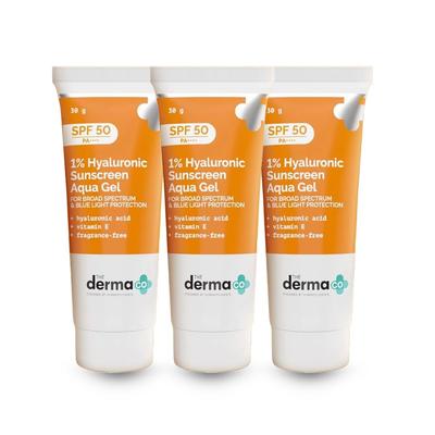 The Derma Co 1% Hyaluronic Sunscreen SPF 50 Aqua Gel PA++++ Lightweight Travel Pack for Face & Skin 30g X Pack of 3
