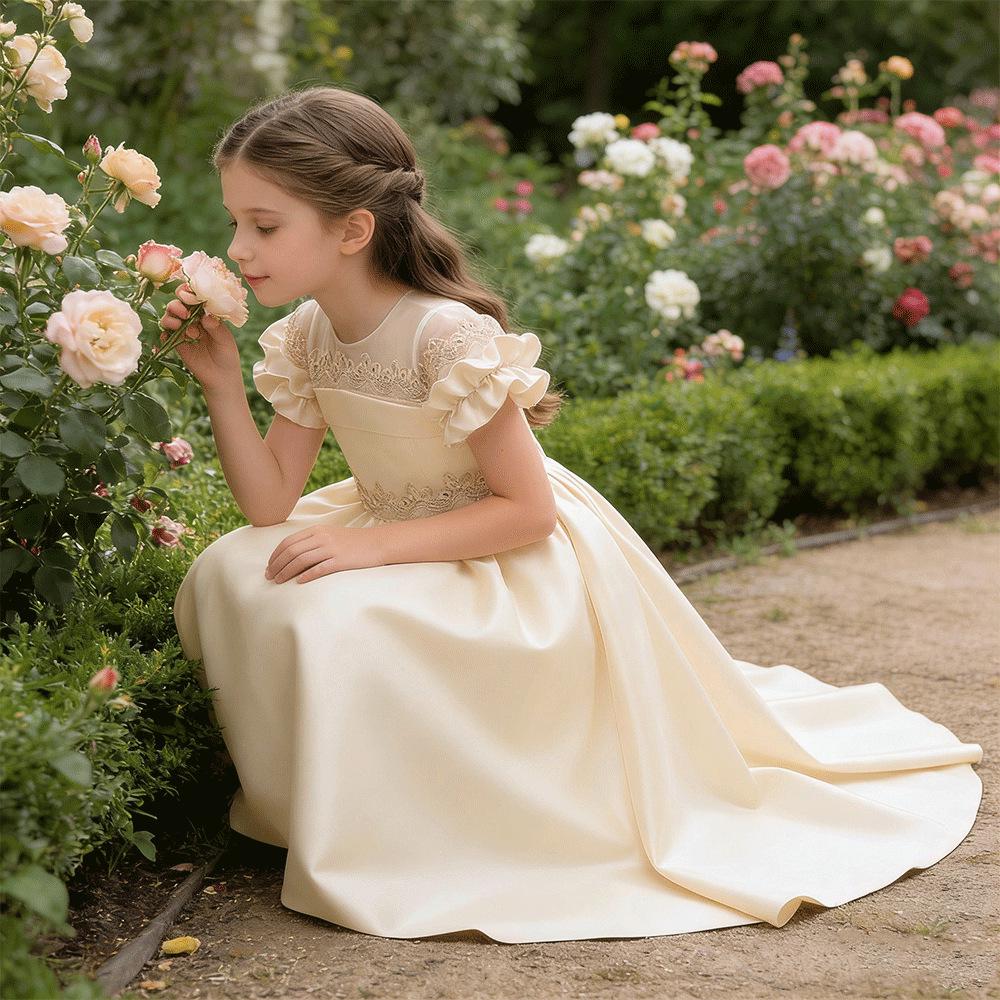 New Princess Satin Train Evening Gown for Girls - Perfect for Little Host or Piano Performance