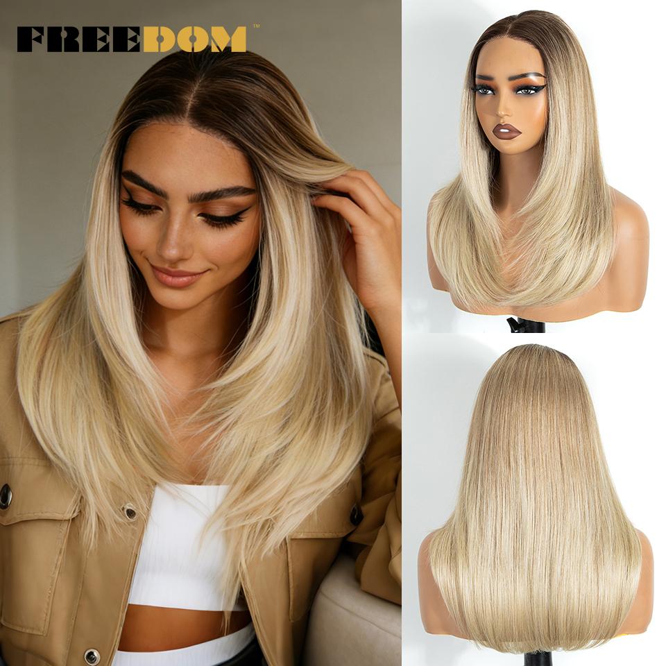 

FREEDOM 13x3 Layered Synthetic Lace Front Wigs For Women 18 Inch Straight Ombre Brown Blonde Lace Wig Pre-plucked Highlight Wigs (as the picture,18inches)