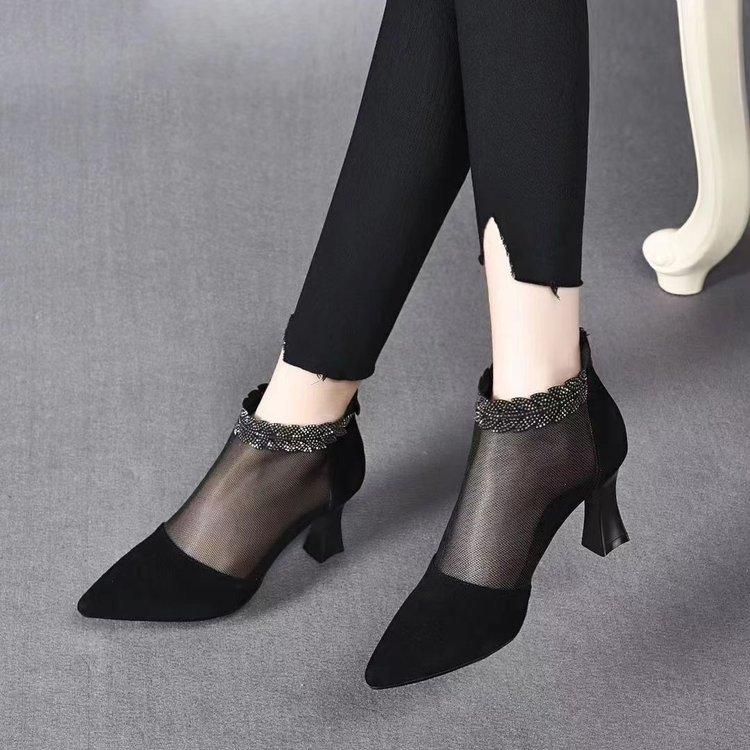 Pointed Mesh High Heels Women's Shoes Spring and Summer New Black Sheepskin Rhinestone Leaf Fine Heel Mesh Shoes Fashion Shoes
